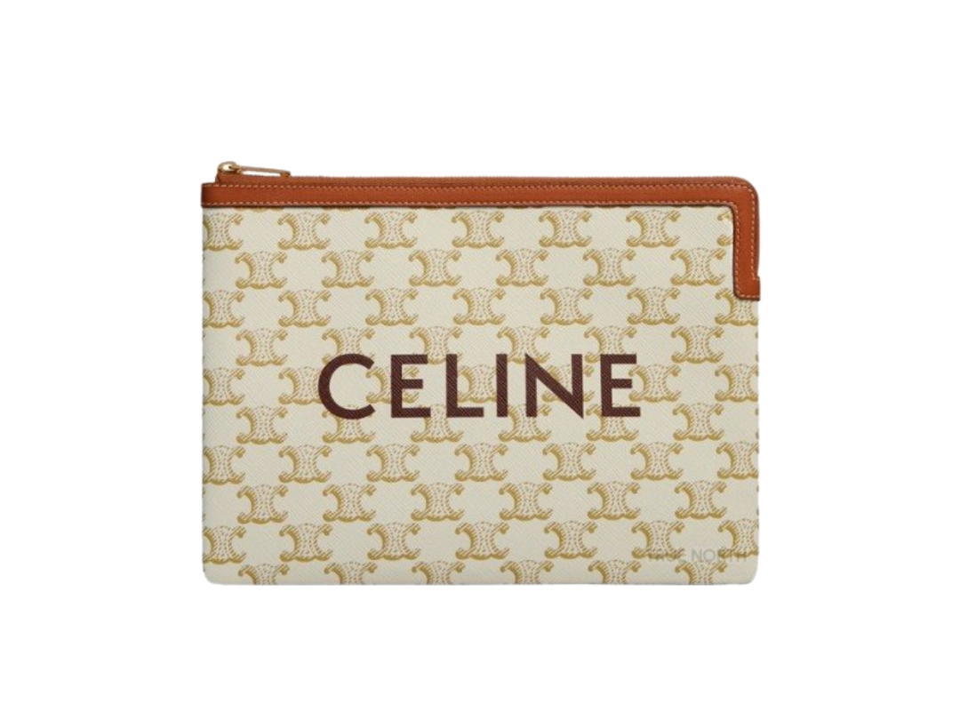 Celine Celine Small Pouch In Triomphe Canvas And Lambskin With Gold Finishing White Tan