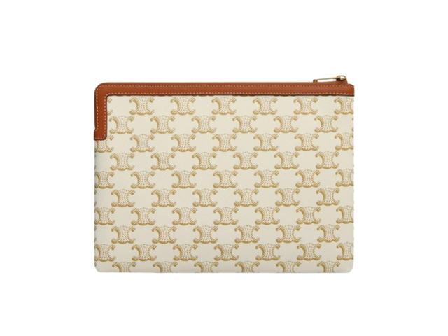 Celine Celine Small Pouch In Triomphe Canvas And Lambskin With Gold Finishing White Tan - view 2