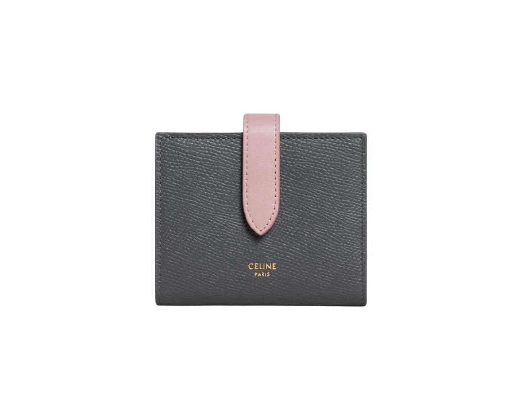 Celine Celine Small Strap Wallet Essentials In Bicolour Grained Calfskin Grey Vintage Pink