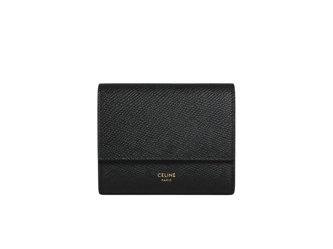 Celine Celine Small Trifold Wallet In Grained Calfskin With Gold Finishing Black