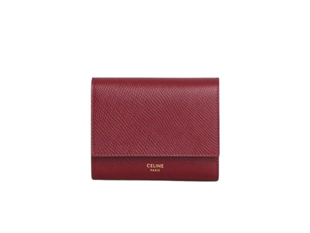 Celine Celine Small Trifold Wallet In Grained Calfskin With Gold Finishing Burgundy
