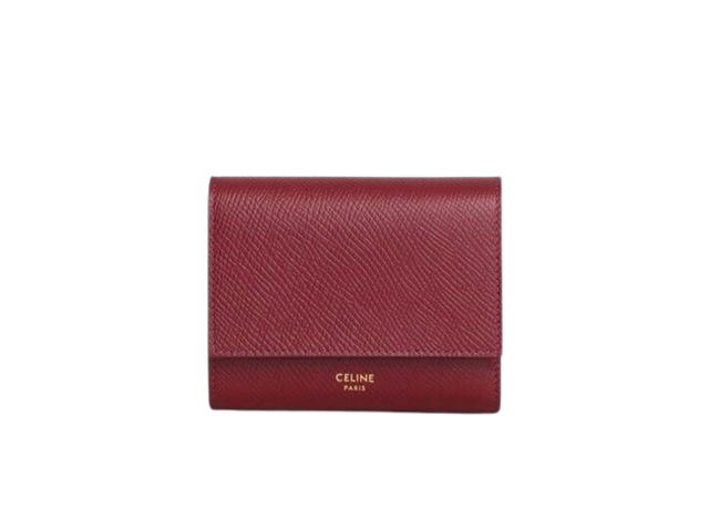 Celine Celine Small Trifold Wallet In Grained Calfskin With Gold Finishing Burgundy - view 1