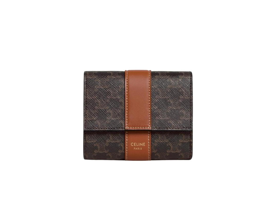 Celine Celine Small Trifold Wallet In Triomphe Canvas And Lambskin With Gold Finishing Tan