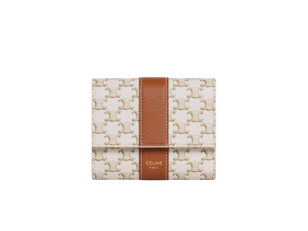 Celine Celine Small Trifold Wallet In Triomphe Canvas And Lambskin With Gold Metal Hardware White Tan