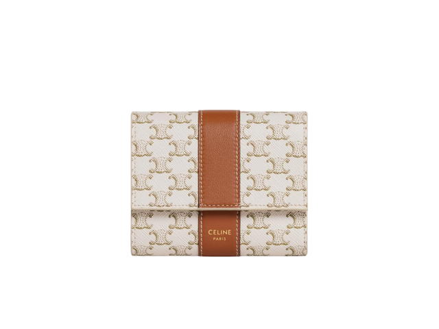 Celine Celine Small Trifold Wallet In Triomphe Canvas And Lambskin With Gold Metal Hardware White Tan - view 1