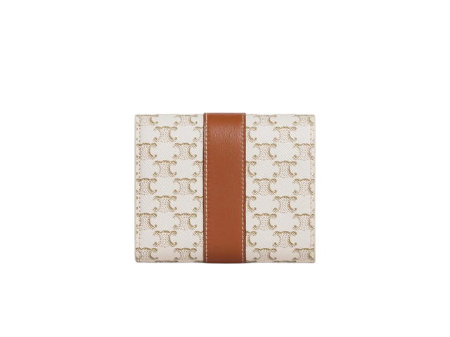 Celine Celine Small Trifold Wallet In Triomphe Canvas And Lambskin With Gold Metal Hardware White Tan - view 2