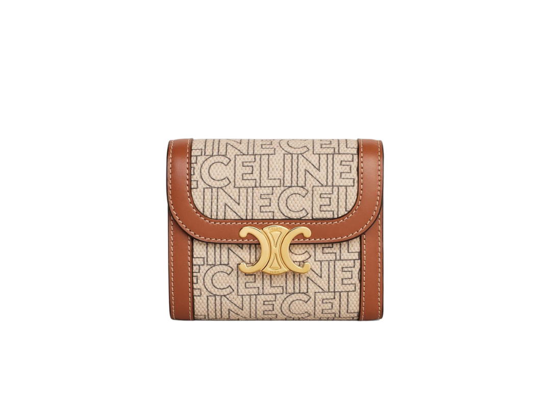 Celine Celine Small Wallet Triomphe In Textile Celine All Over Print Calfskin Natural-Tan