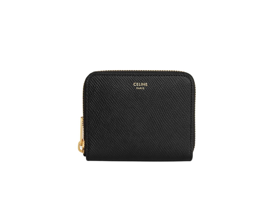 Celine Celine Small Zipped Wallet Essentials In Grained Calfskin With Gold Finishing Black