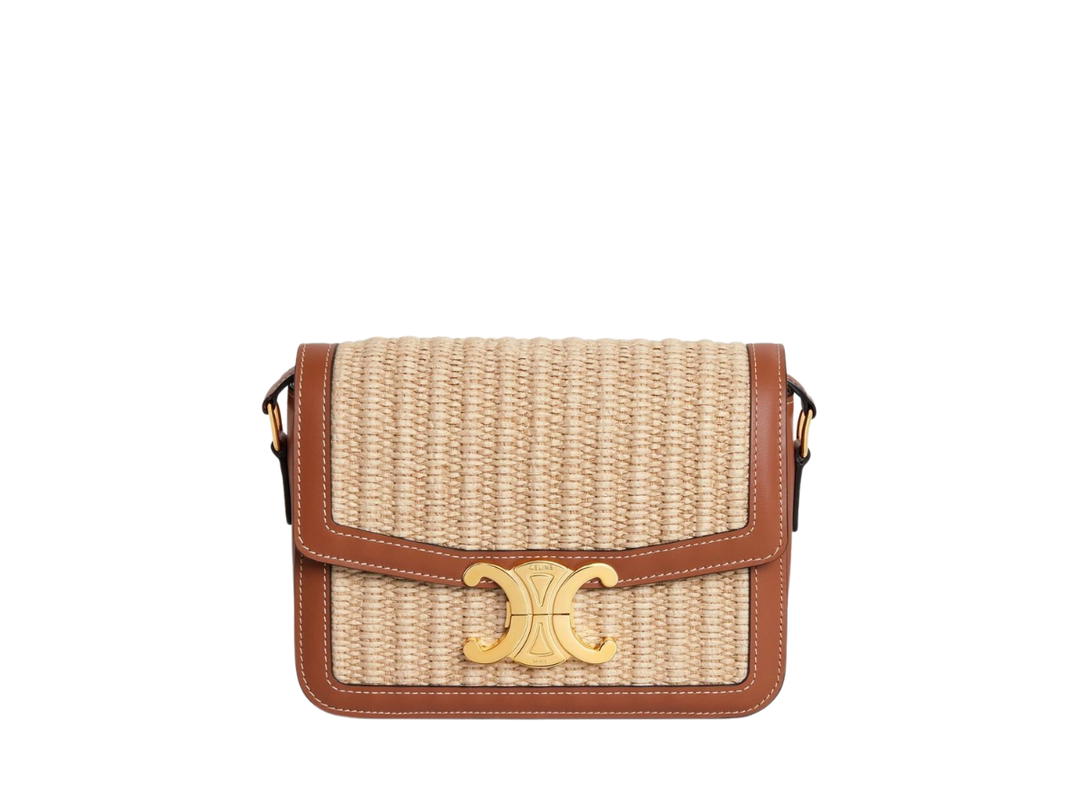 Celine Celine Teen Triomphe Bag In Raffia Effect Textile And Calfskin With Gold Finishing Natural Tan