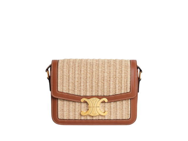 Celine Celine Teen Triomphe Bag In Raffia Effect Textile And Calfskin With Gold Finishing Natural Tan - view 1