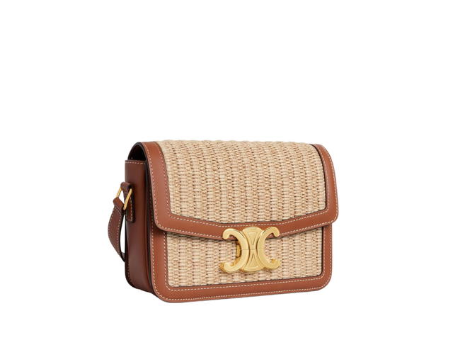 Celine Celine Teen Triomphe Bag In Raffia Effect Textile And Calfskin With Gold Finishing Natural Tan - view 3