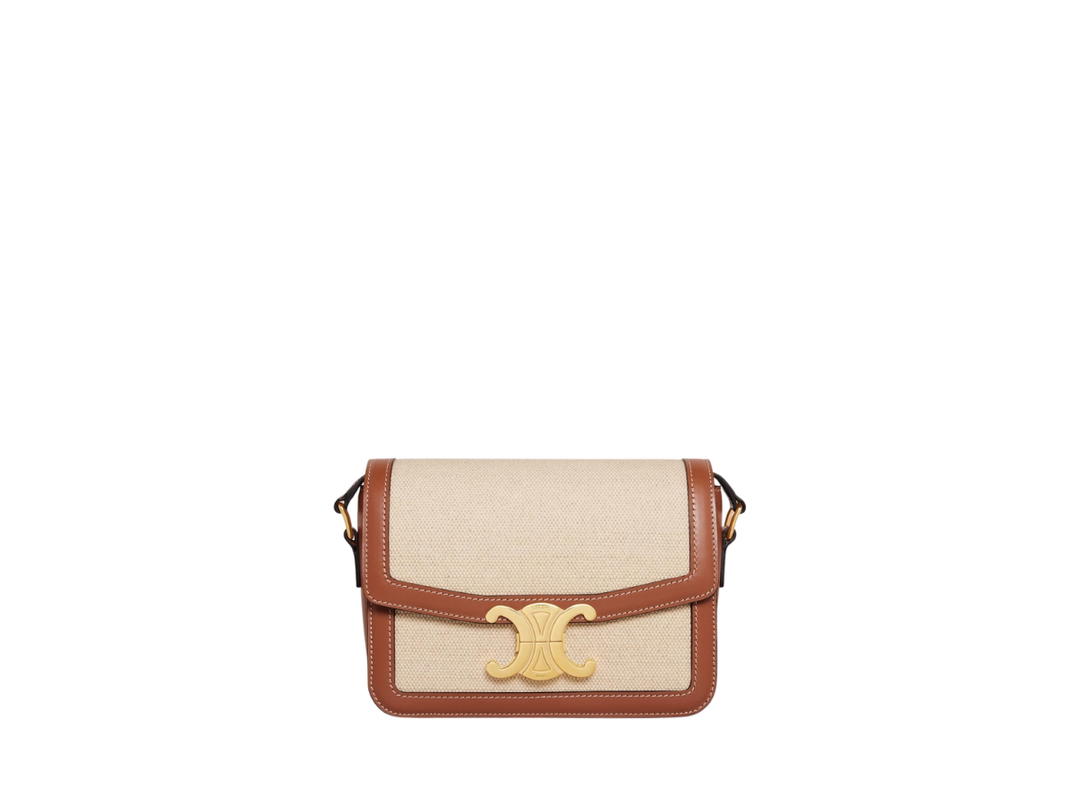 Celine Celine Teen Triomphe Bag In Textile And Calfskin With Gold Finishing Hardware Natural-Tan