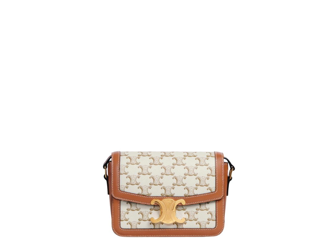 Celine Celine Teen Triomphe Bag In Triomphe Canvas And Calfskin With Gold Finishing White