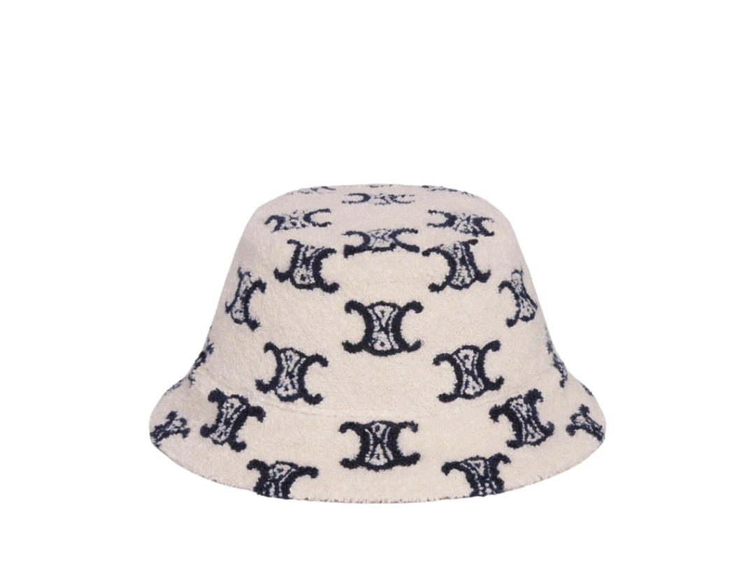 Celine Celine Terry Cloth Bucket Hat In All Over Triomphe Motif Off White Navy