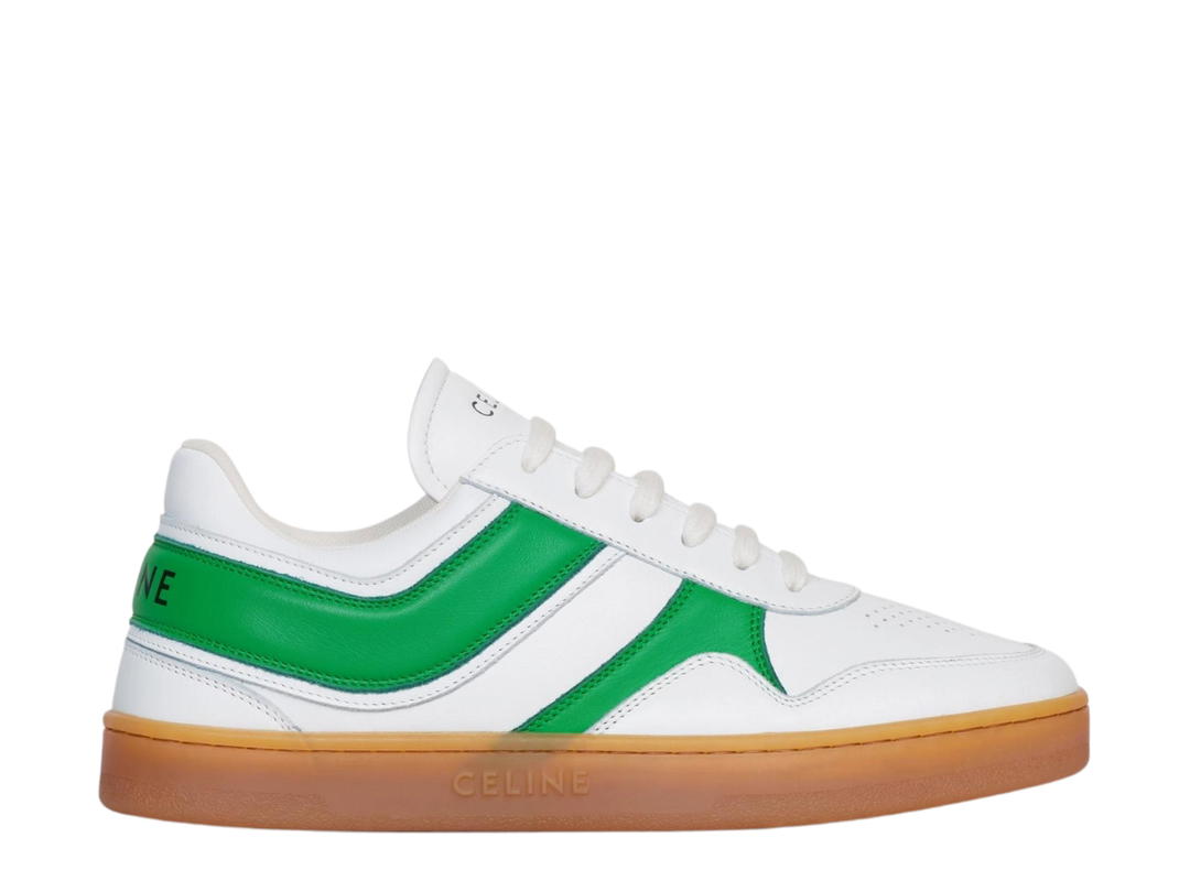Celine Celine Trainer Low Lace-Up Sneaker In Calfskin Optic White-Flash Green-Beige