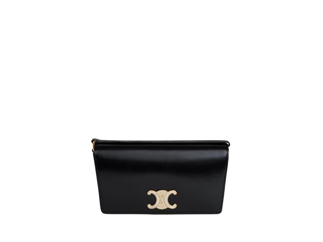 Celine Celine Trapeze Triomphe Bag With Strass Closure In Shiny Calfskin With Gold Finishing Hardware Black