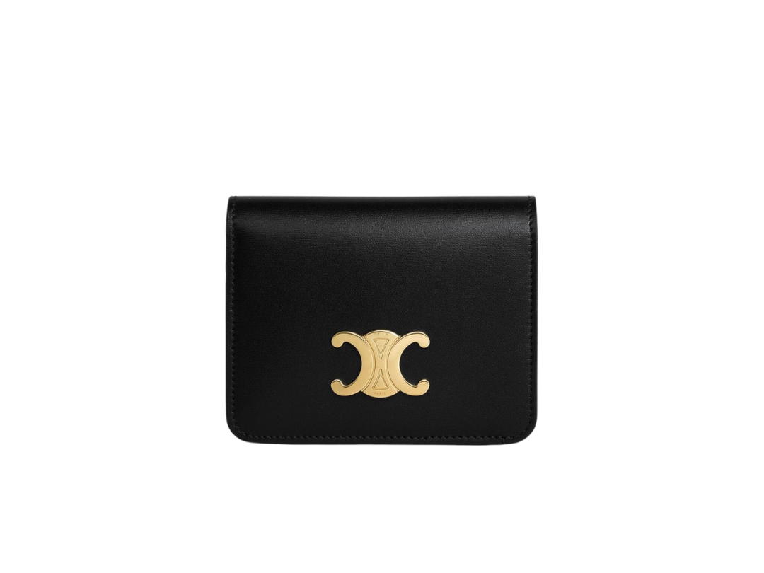 Celine Celine Triomphe Compact Wallet In Shiny Calfskin With Gold Finishing Black