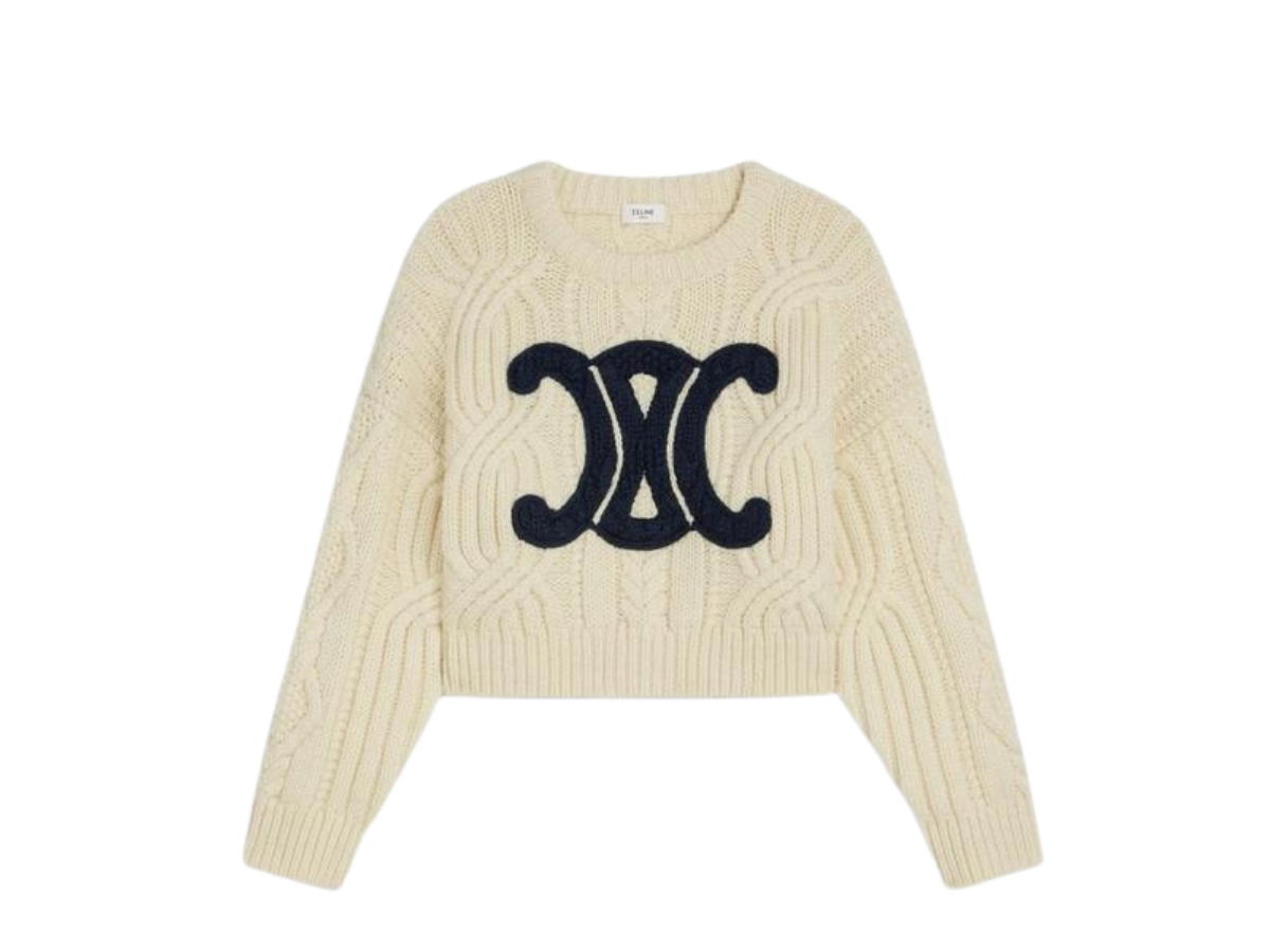 Celine Celine Triomphe Crew Neck Sweater In Aran Wool Ecru Navy