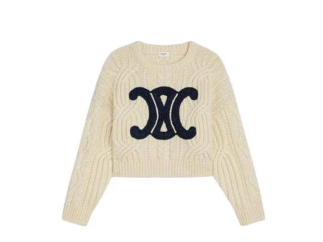 Celine Celine Triomphe Crew Neck Sweater In Aran Wool Ecru Navy - view 1