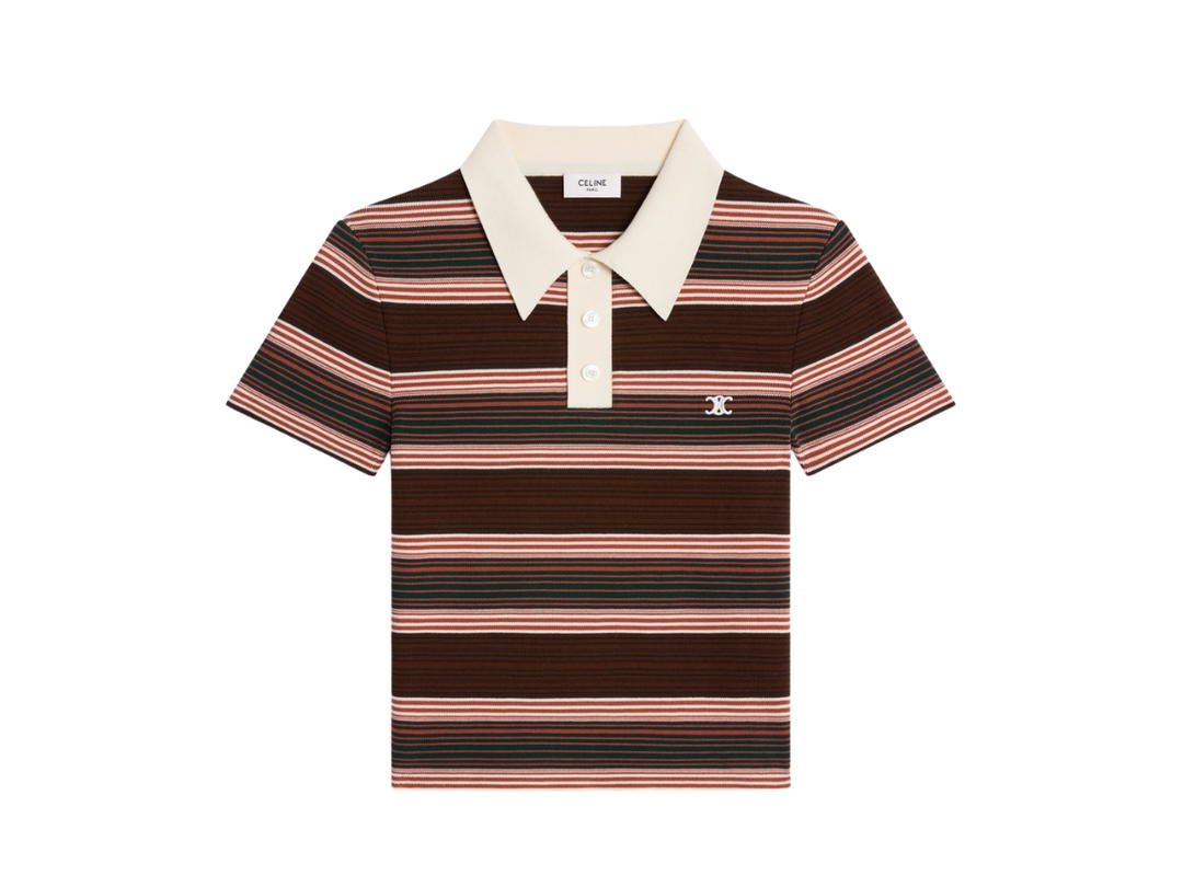 Celine Celine Triomphe Cropped Polo Shirt In Striped Cotton Ecru Brown