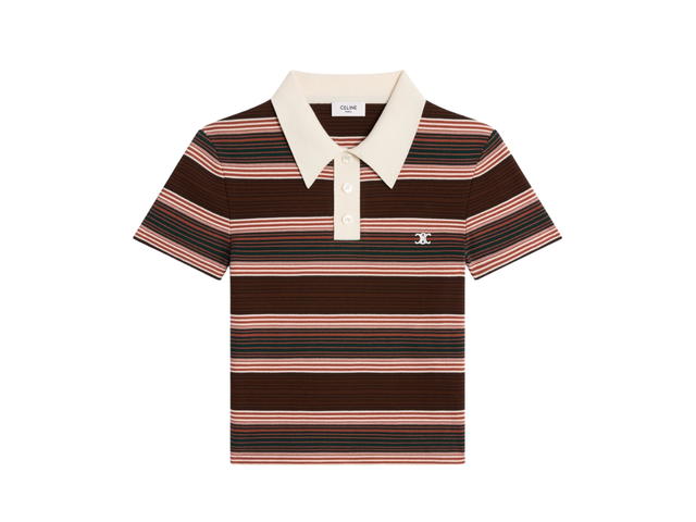 Celine Celine Triomphe Cropped Polo Shirt In Striped Cotton Ecru Brown - view 1