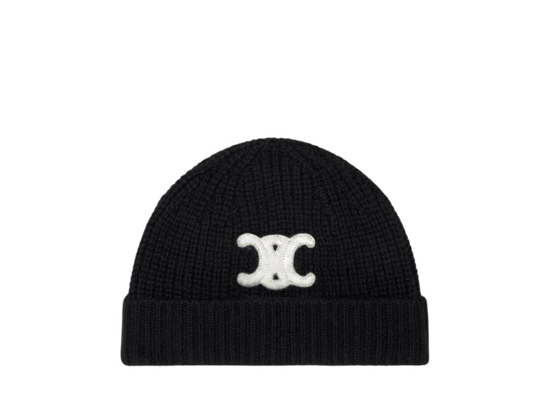 Celine Celine Triomphe Embroidered Beanie In Seamless Cashmere Black