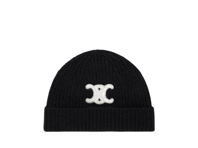 Celine Celine Triomphe Embroidered Beanie In Seamless Cashmere Black - view 1