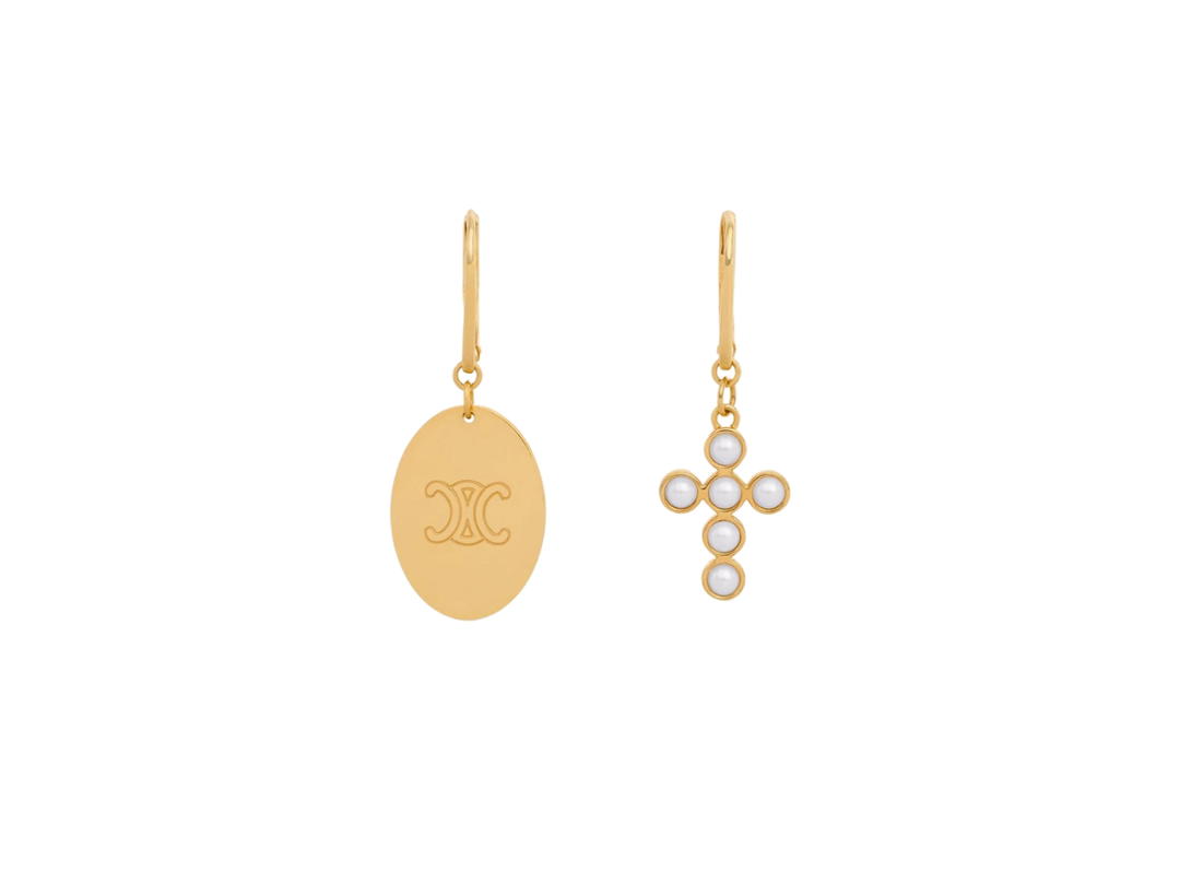 Celine Celine Triomphe Folk Earrings In Brass With Gold Finish And Resin Pearl Gold Ivory