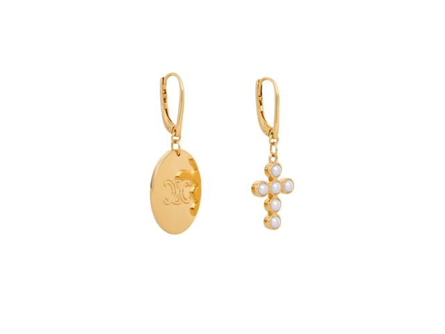 Celine Celine Triomphe Folk Earrings In Brass With Gold Finish And Resin Pearl Gold Ivory - view 2