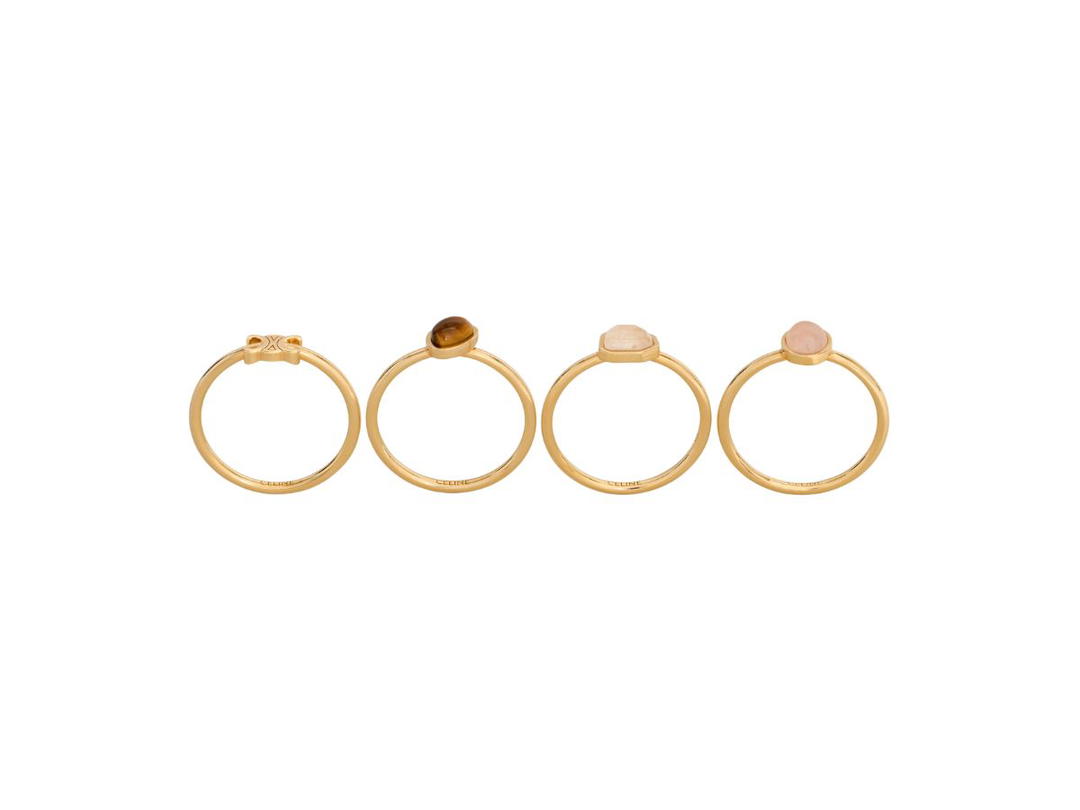 Celine Celine Triomphe Indie Set Of 4 Rings In Brass With Gold Finish Rutilated Quartz Pink Quartz And Tiger Eye
