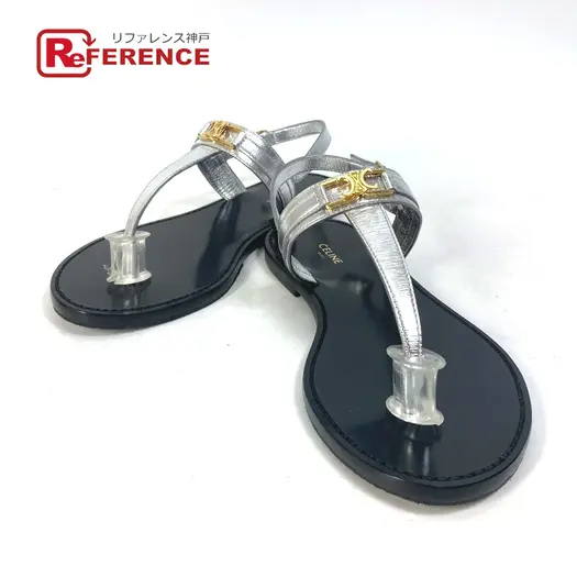 Buy CELINE triomphe tongs flat belt flat shoes Sandals Leather Silver/Black x Gold at Sasom – Authentic and Ready to Ship