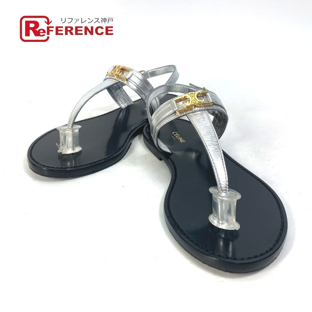 Celine CELINE triomphe tongs flat belt flat shoes Sandals Leather Silver/Black x Gold