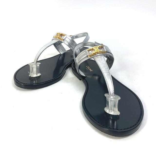 Celine CELINE triomphe tongs flat belt flat shoes Sandals Leather Silver/Black x Gold - view 2