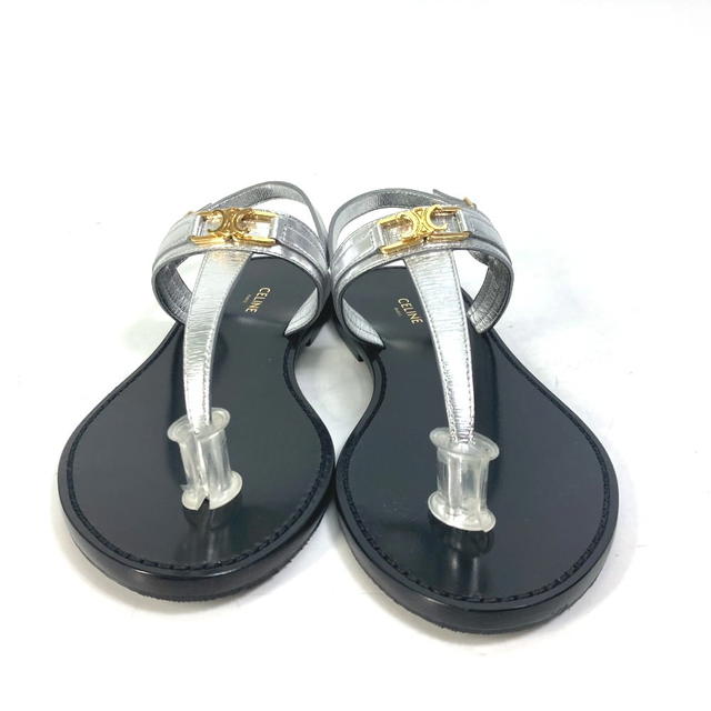 Celine CELINE triomphe tongs flat belt flat shoes Sandals Leather Silver/Black x Gold - view 3