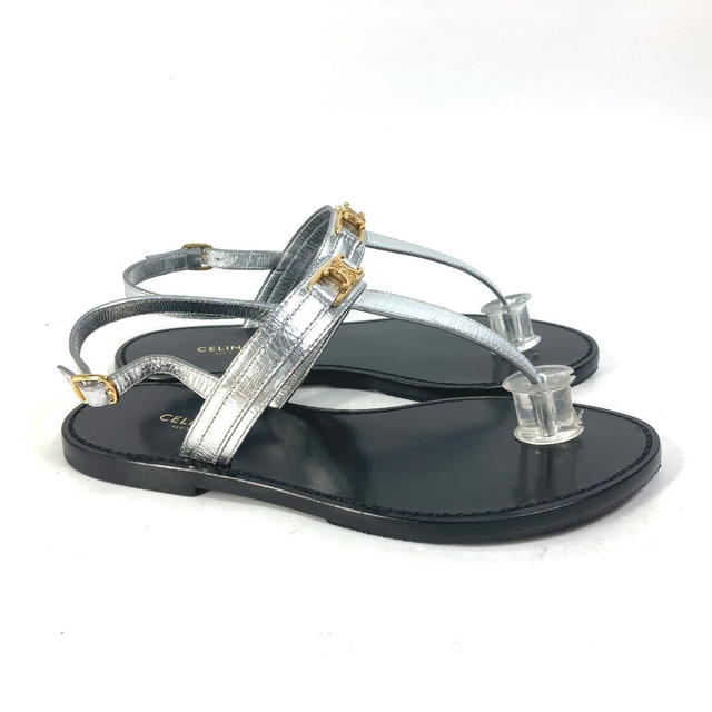 Celine CELINE triomphe tongs flat belt flat shoes Sandals Leather Silver/Black x Gold - view 5