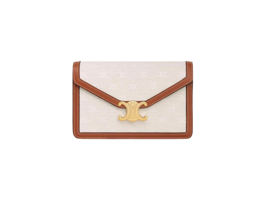 Celine Celine Wallet On Chain Margo In Textile Triomphe And Calfskin Natural-Tan