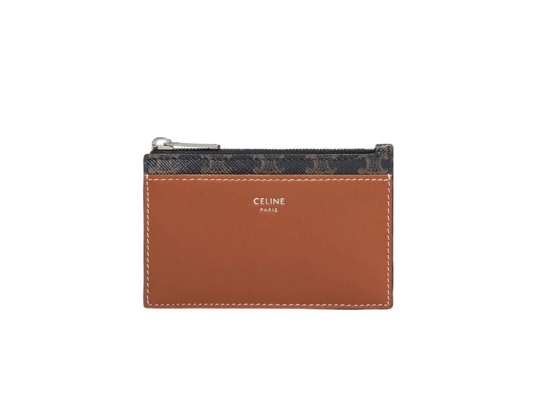 Celine Celine Zipped Card Holder In Triomphe Canvas And Lambskin With Silver Finishing Tan