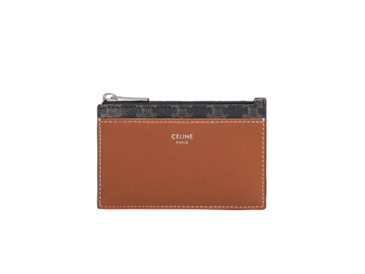 Celine Celine Zipped Card Holder In Triomphe Canvas And Lambskin With Silver Finishing Tan