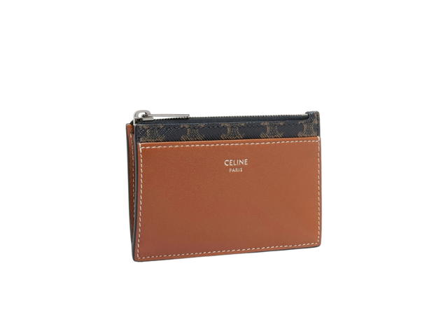 Celine Celine Zipped Card Holder In Triomphe Canvas And Lambskin With Silver Finishing Tan - view 2