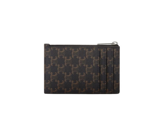 Celine Celine Zipped Card Holder In Triomphe Canvas And Lambskin With Silver Finishing Tan - view 3