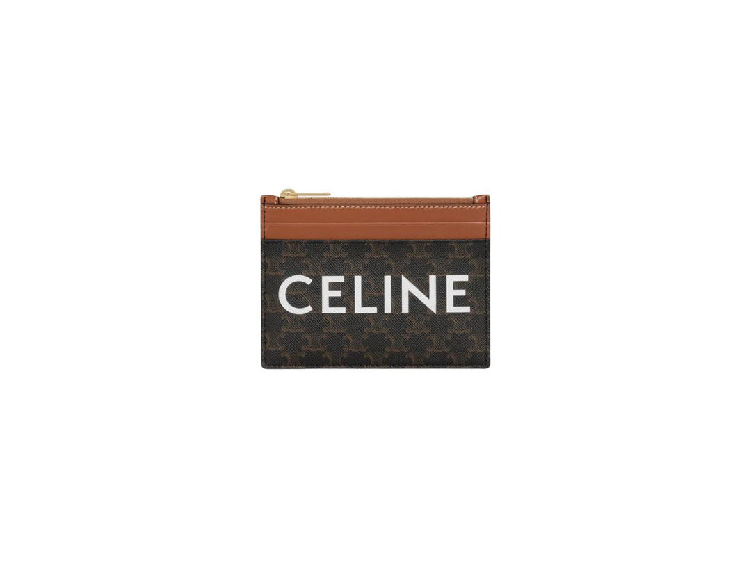 Celine Celine Zipped Purse In Triomphe Canvas And Lambskin With Celine Print Tan