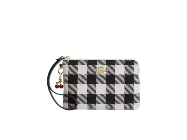 Coach Coach Corner Zip Wristlet Gingham Print Charm Gold Black Multi - view 1