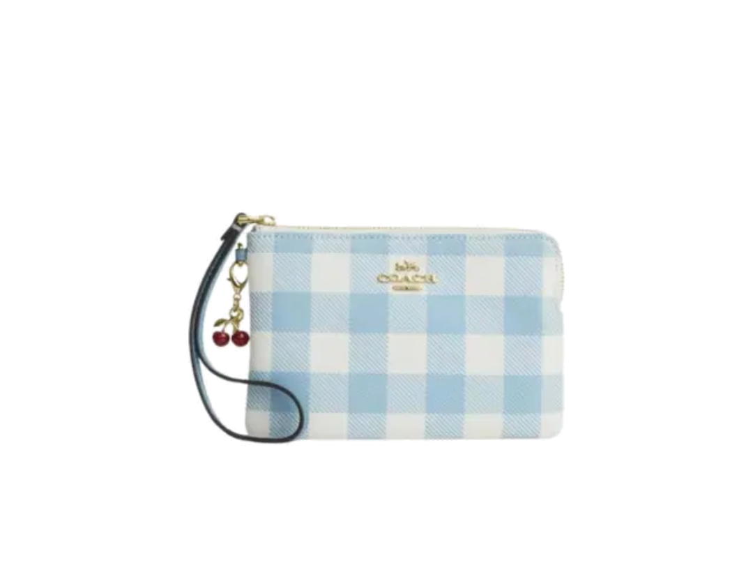 Coach Coach Corner Zip Wristlet With Gingham Print And Charm Blue Multi