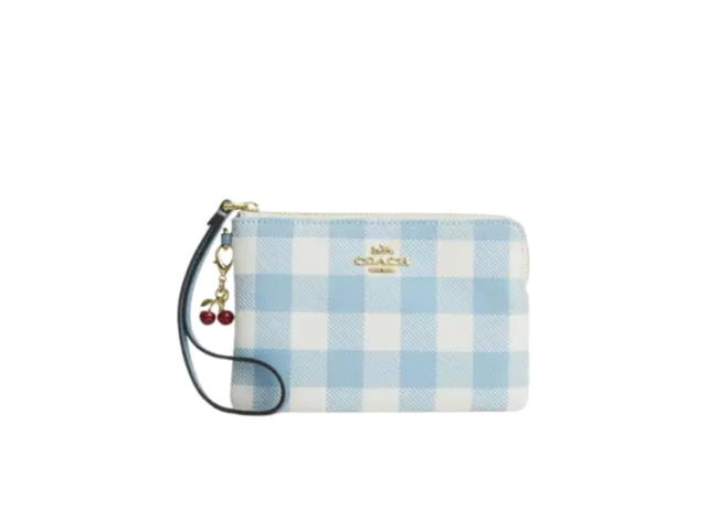 Coach Coach Corner Zip Wristlet With Gingham Print And Charm Blue Multi - view 1