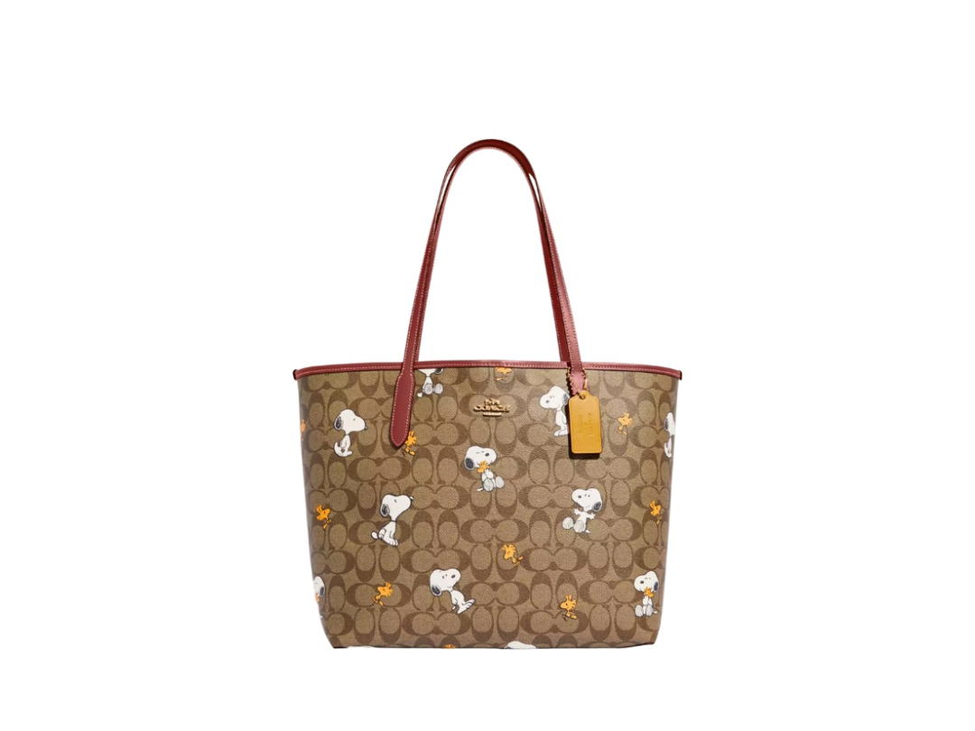 Coach Coach X Peanuts City Tote Bag In Signature Canvas With Snoopy Woodstock Print Khaki