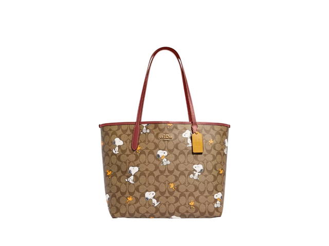 Coach Coach X Peanuts City Tote Bag In Signature Canvas With Snoopy Woodstock Print Khaki - view 1