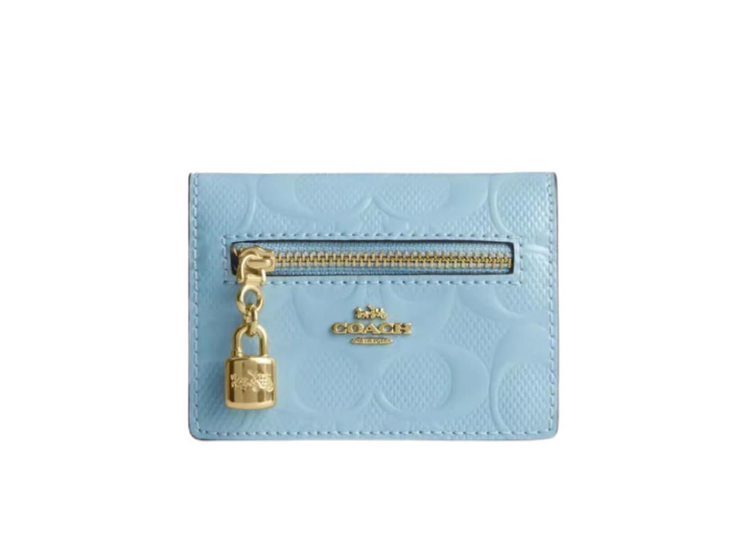 Coach Coach Card Case With Charm In Signature Leather Gold Light Blue