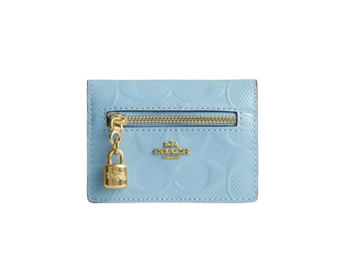 Coach Coach Card Case With Charm In Signature Leather Gold Light Blue