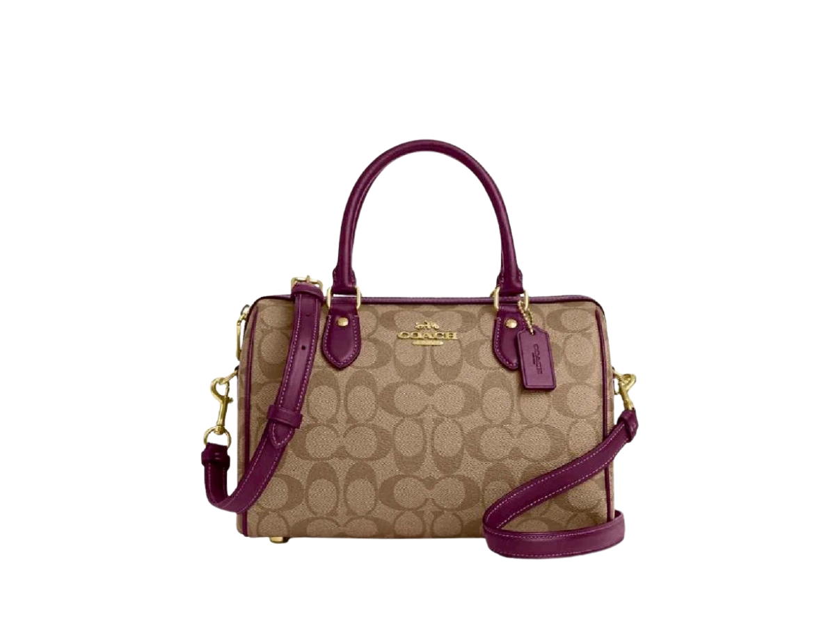 Coach Coach Rowan Satchel In Signature Canvas Khaki Deep Berry
