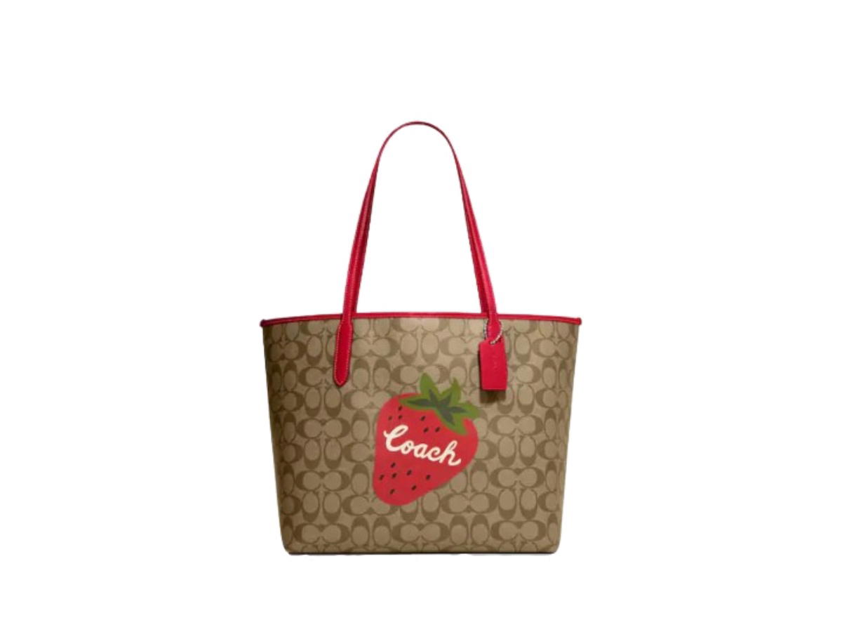Coach Coach City Tote In Signature Canvas With Wild Strawberry Khaki Electric Red